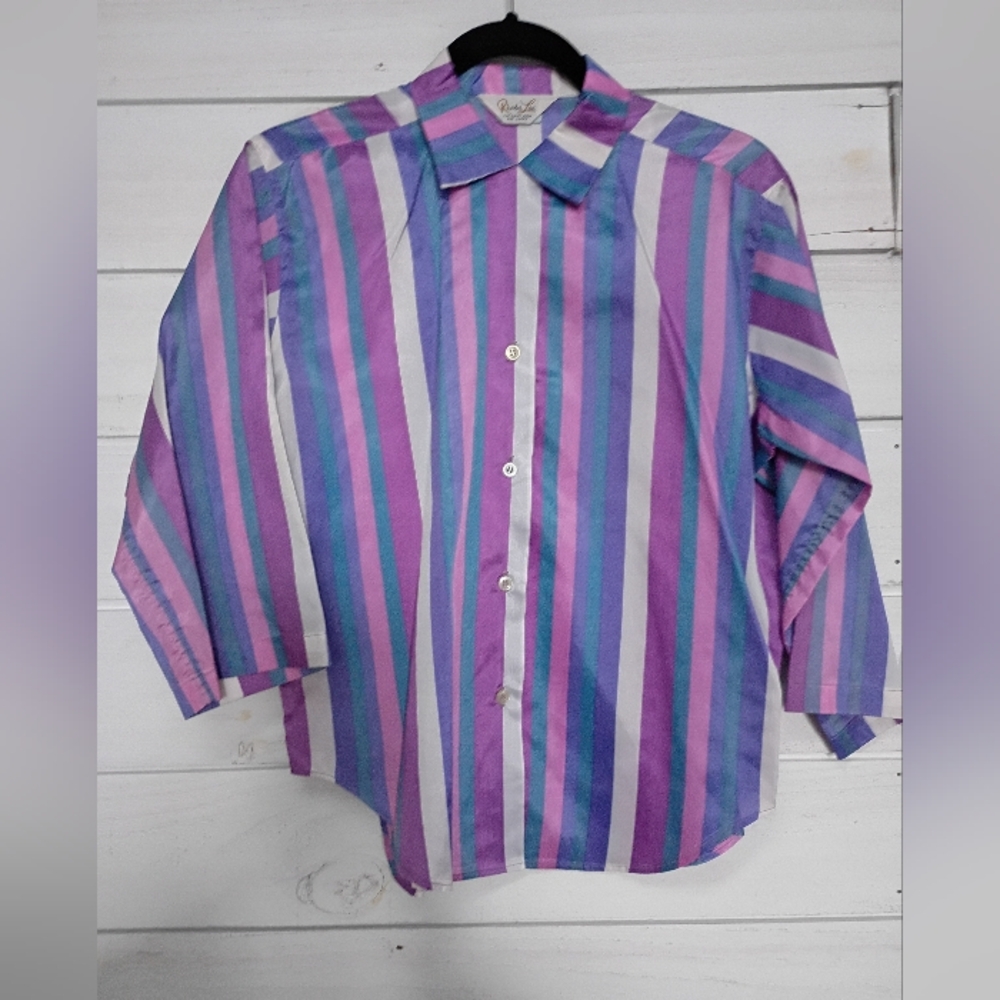 Vintage Rhoda Lee Striped Purples and Teal Button-Up Shirt